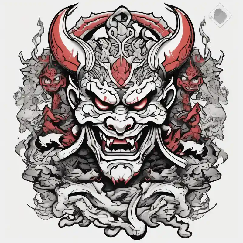 cartoon style Ideas para Tatuajes de la Vida Callejera en 2025 & Generar gratis about Back Tattoo with An Oni With a broken mask and a Sword and Dragons & snakes street life tattoo ideas